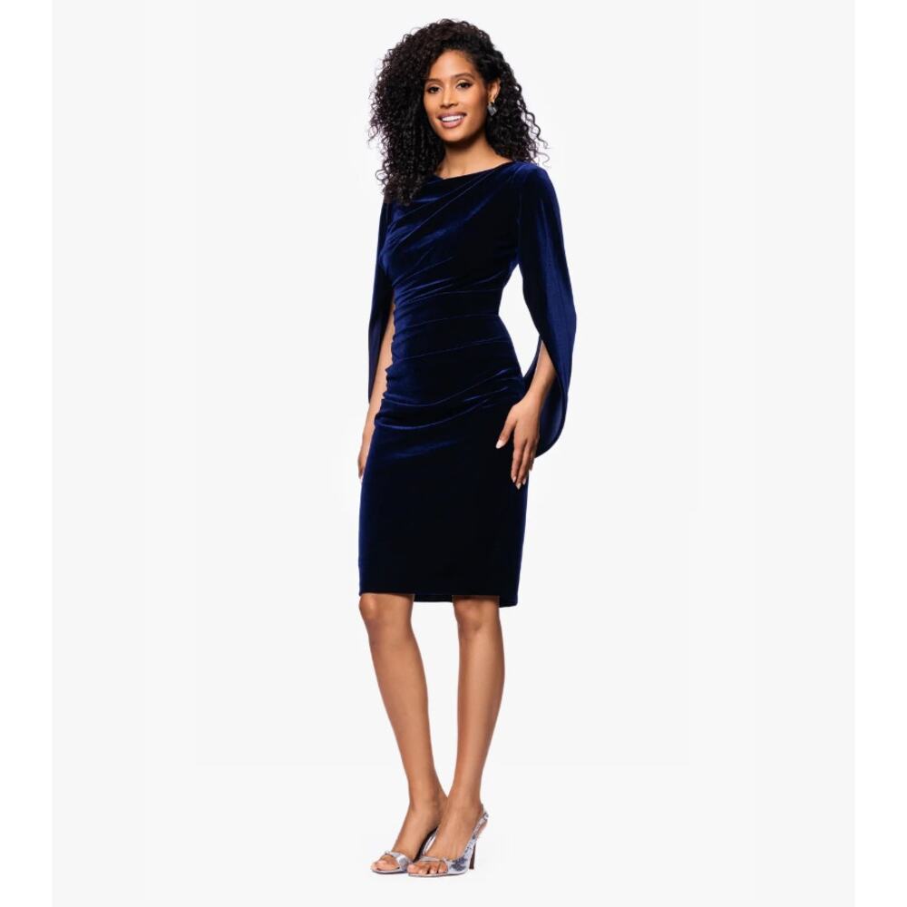Betsy & Adam Leona Womens Size 8 Navy Velvet Cape Sleeve Drape Back Modest Dress